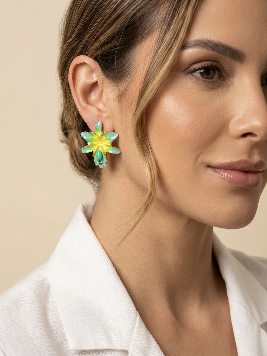 Brinco orquídea amarelo e verde