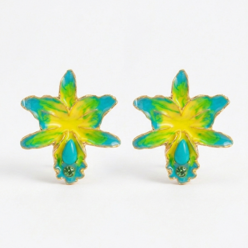 Brinco orquídea amarelo e verde