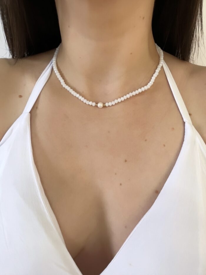 Choker cristal branco com pérola de água doce - Coleção amor de mãe