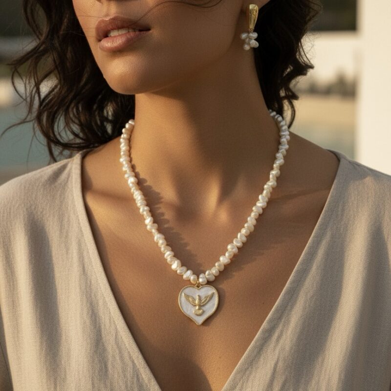 Colar espírito santo coração com pérola irregular
