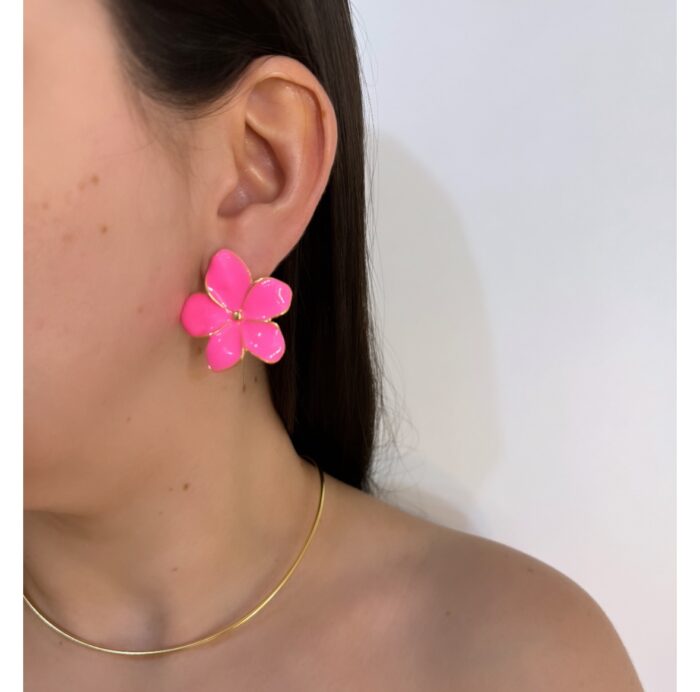 Brinco flor rosa neon