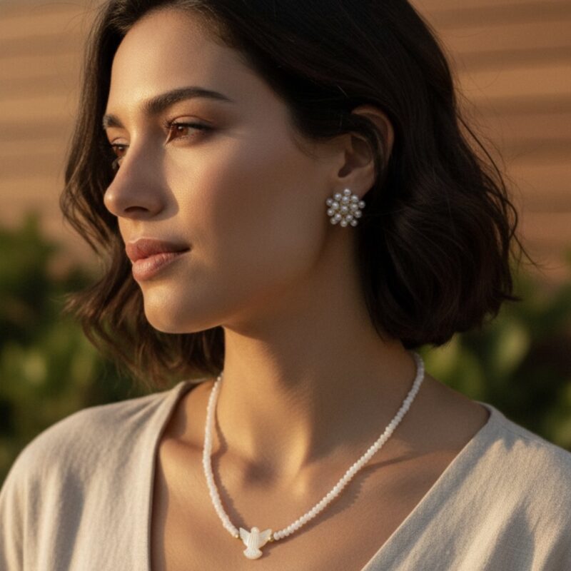 Colar do espírito santo madrepérola com cristais brancos