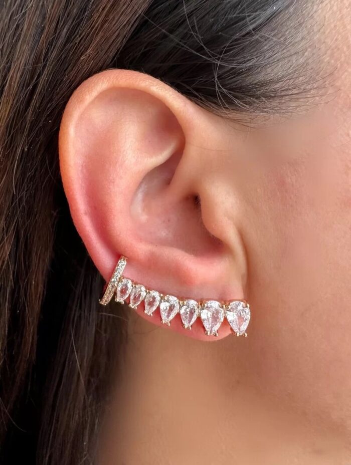 Brinco earcuff gota dourada no cristal