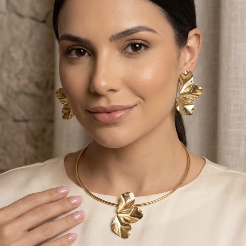 Conjunto meia flor dourado