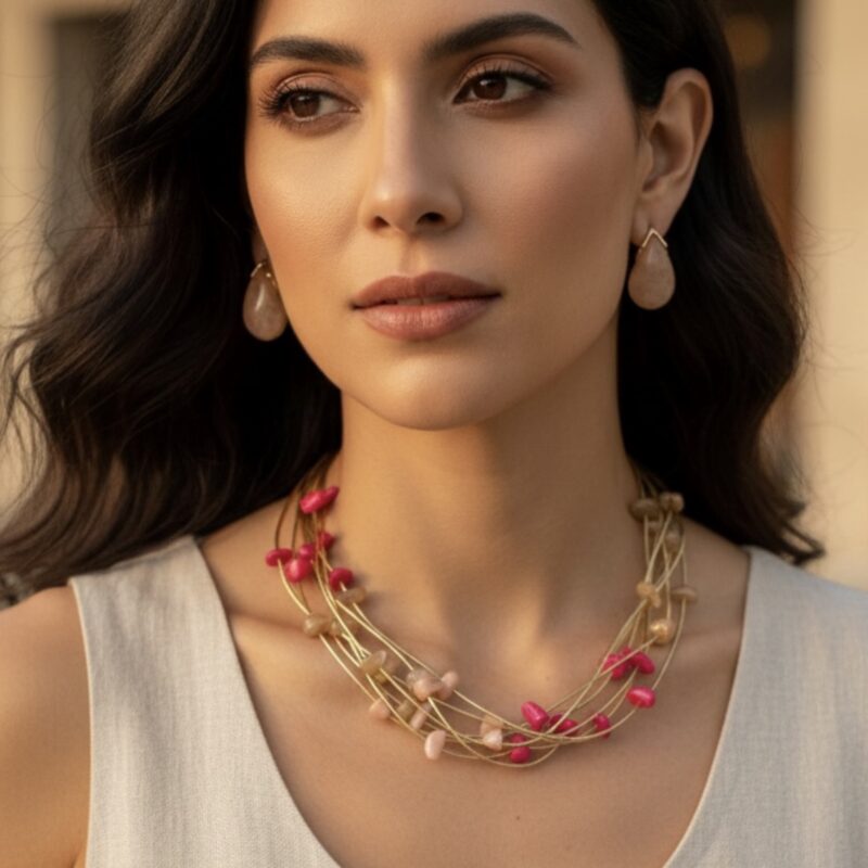 Colar cascalho em três tons de rosa no courinho dourado