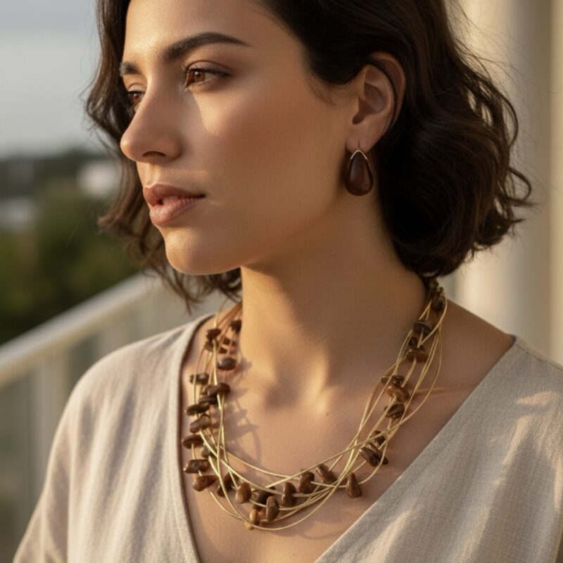 Colar cascalho marrom no courinho dourado