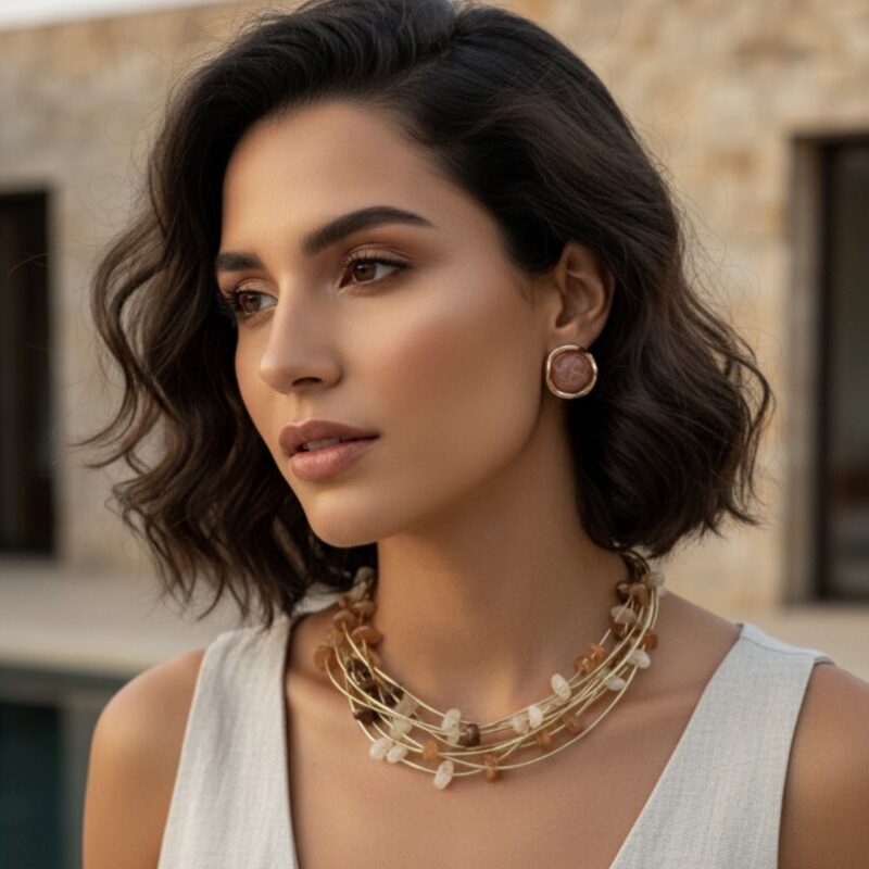 Colar cascalho três tons nude e marrom no courinho dourado