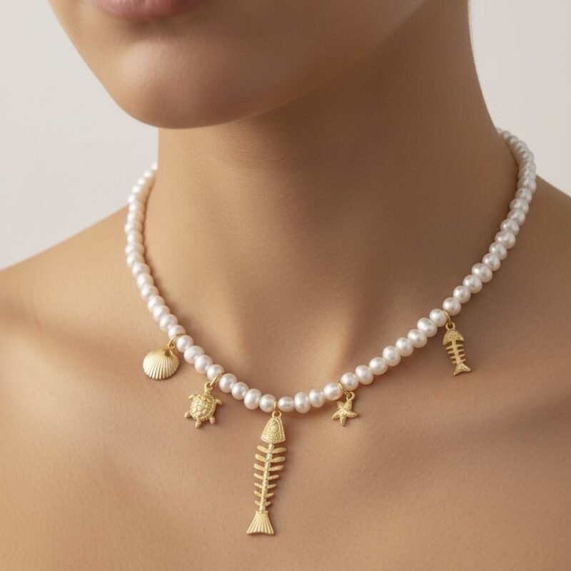 Colar pingentes mar dourado com pérola disforme
