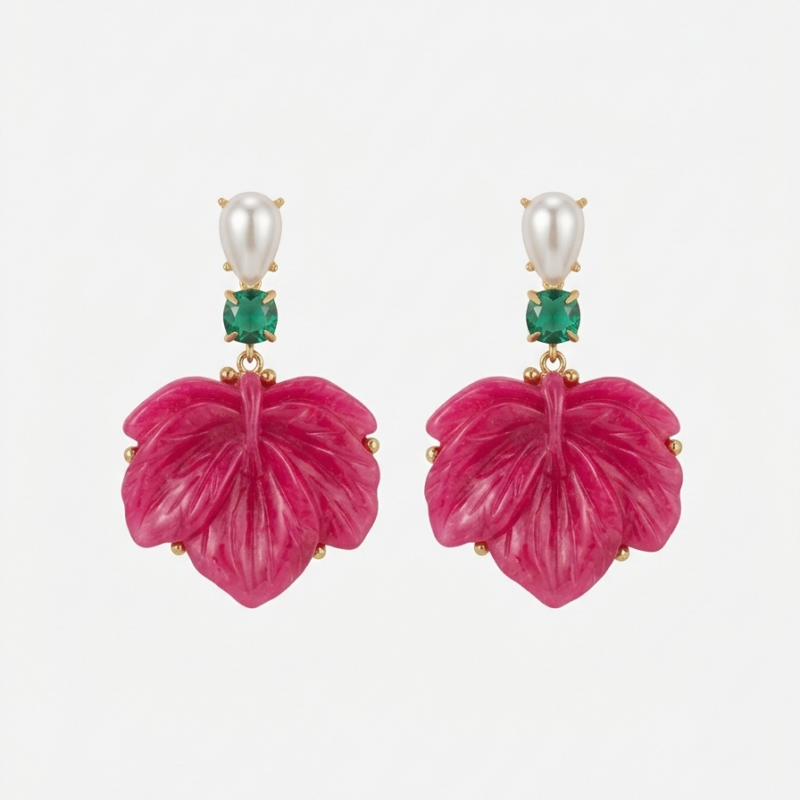 Brinco folha rosa de resina