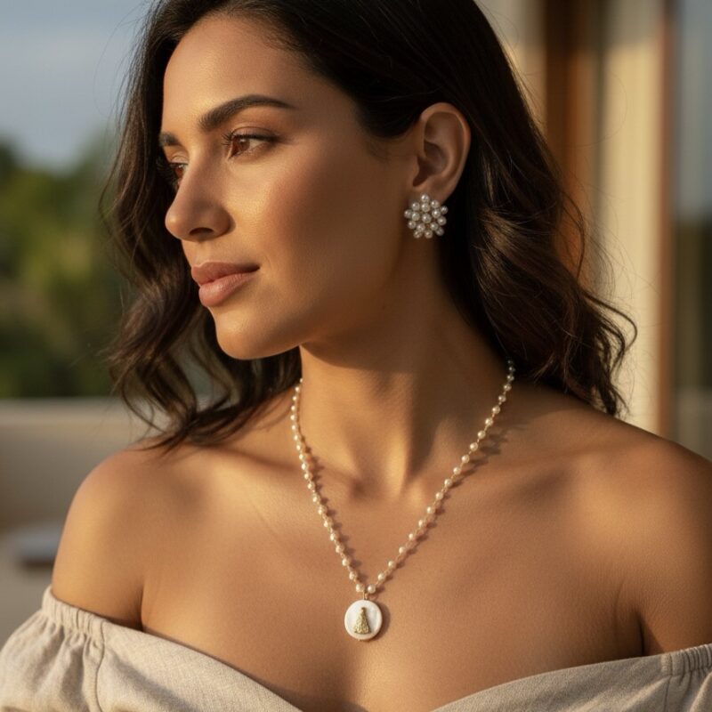 Colar madrepérola nossa senhora aparecida na corrente de pérola folheada