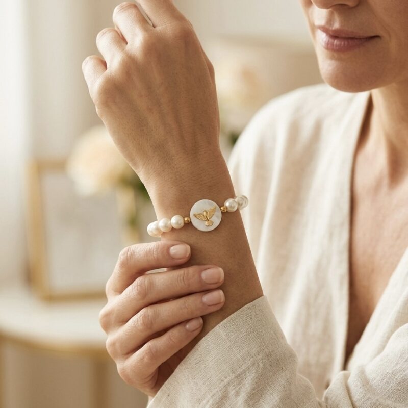 Pulseira de pérola M com Espírito Santo semi-jóia madrepérola redondo
