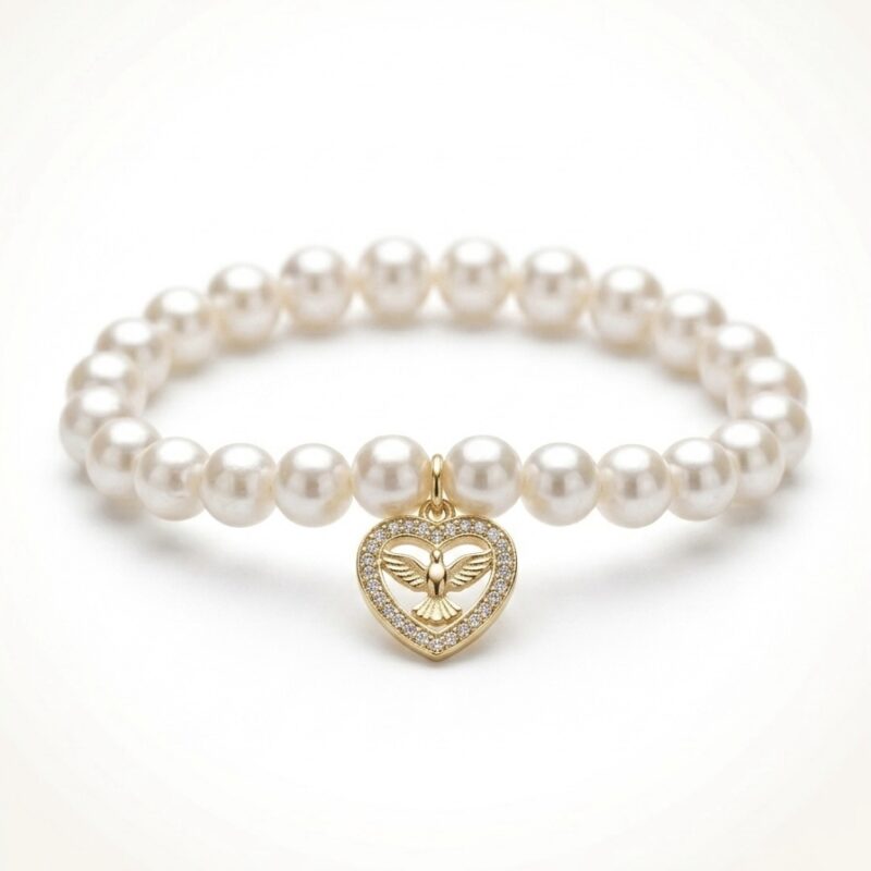 Pulseira de pérola com Espírito Santo formato coração