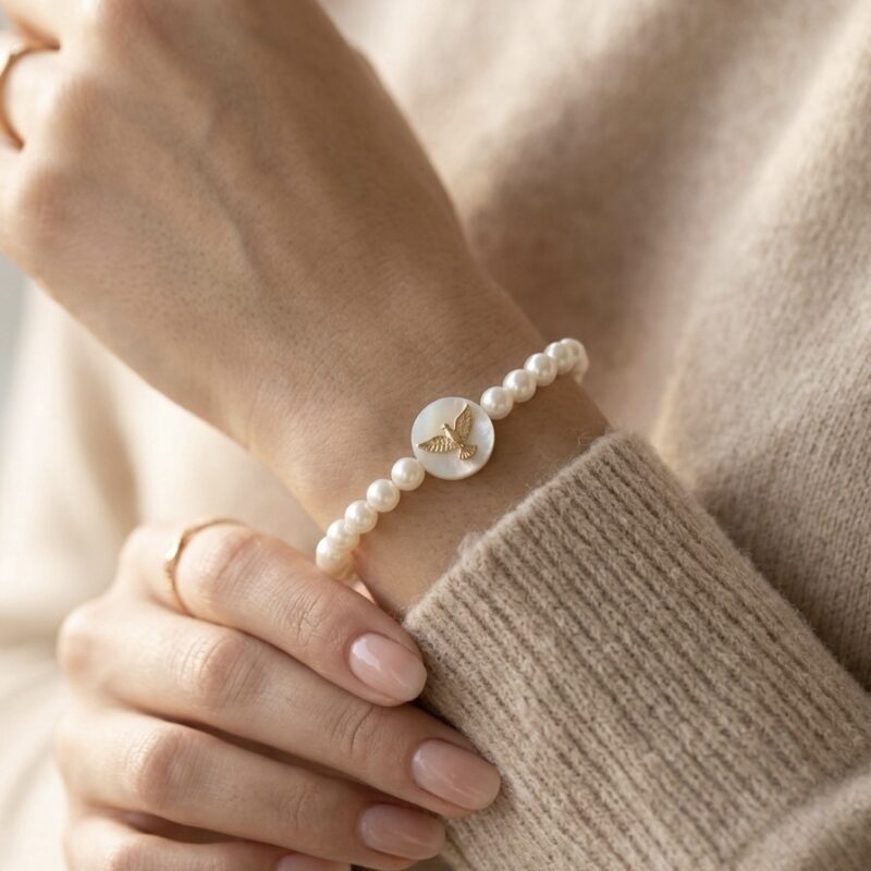 Pulseira de pérola redonda P com Espírito Santo semi-jóia madrepérola redondo
