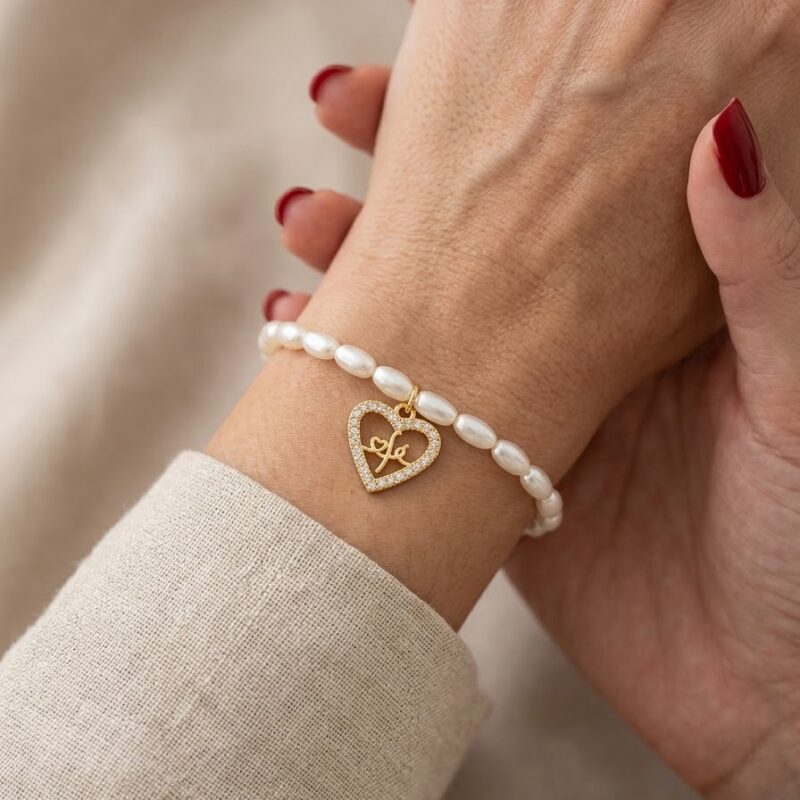 Pulseira pérola de arroz fé coração